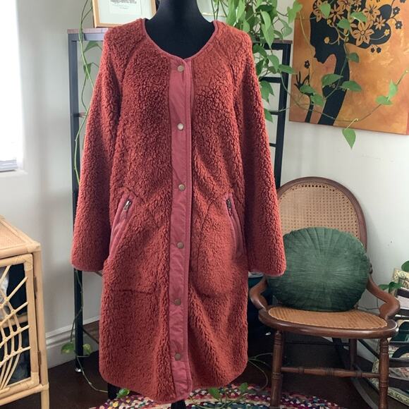 Anthropologie Margot Terra Cotta & Zebra Print Reversible Fleece Duster Coat - Picture 2 of 8